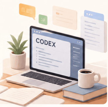 Codex 学习工作台：笔记本电脑、绿植、咖啡和笔记本